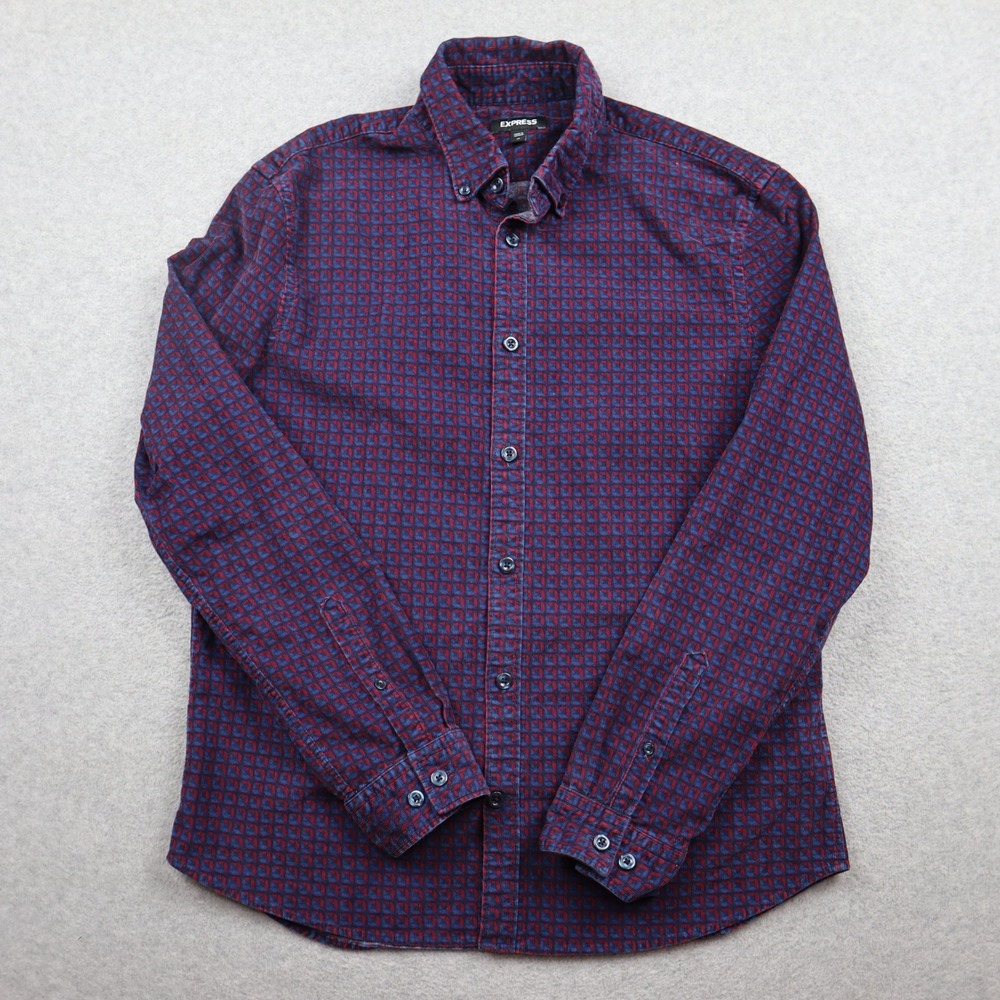 Express Button-Down Shirt Mens Medium Corduroy Blue Red Geometric Long Sleeve